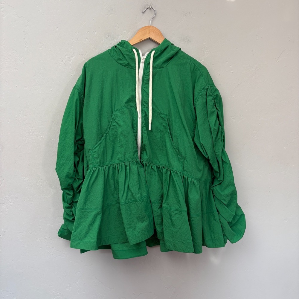 Daily Practice Anthropologie Babydoll Zip Windbreaker Medium Green Ruffle Hooded